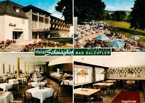 AK / Ansichtskarte Bad_Salzuflen Hotel Schwaghof Terrasse Gastraum Jagdstube Bad_Salzuflen
