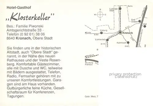 AK / Ansichtskarte Kronach_Oberfranken Hotel Gasthof Klosterkeller Gastraeume Kronach Oberfranken