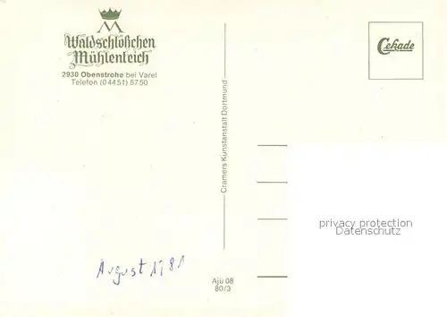 AK / Ansichtskarte Obenstrohe Waldschloesschen Muehlenteich Gastraeume Veranstaltungsraum Obenstrohe