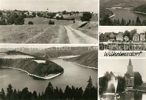 AK / Ansichtskarte Wilhelmsdorf_Poessneck Landschaftspanorama Saale Ortsmotiv Kirche Schwanenteich Wilhelmsdorf Poessneck