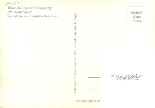 AK / Ansichtskarte Ehrenfriedersdorf_Erzgebirge Waldschloesschen Ferienheim der Deutschen Reichsbahn Handabzug Ehrenfriedersdorf