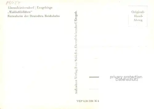 AK / Ansichtskarte Ehrenfriedersdorf_Erzgebirge Waldschloesschen Ferienheim der Deutschen Reichsbahn Handabzug Ehrenfriedersdorf