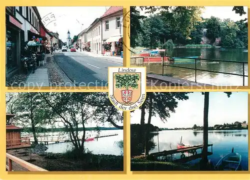 AK / Ansichtskarte Lindow_Mark Strasse des Friedens Kloster Wutzsee Strandbad Gudelacksee Vielitzsee Steg Wappen Lindow Mark