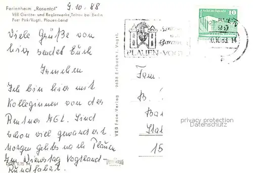 AK / Ansichtskarte Pirk_Weischlitz Ferienheim Rosental VEB Geraete  und Reglerwerke Teltow Pirk Weischlitz