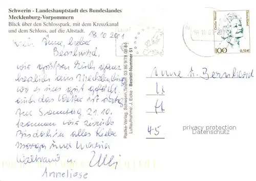 AK / Ansichtskarte Schwerin_Mecklenburg Fliegeraufnahme Schlosspark Kreuzkanal  Schwerin_Mecklenburg