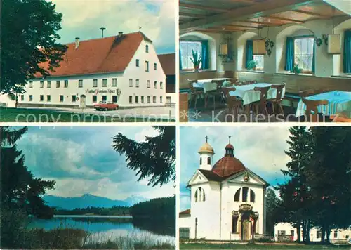 AK / Ansichtskarte Lechbruck_See Gasthof Pension Adler Gastraum Seepartie Kirche Lechbruck See