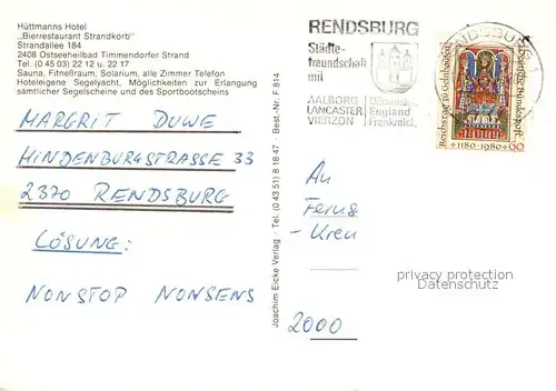 AK / Ansichtskarte Timmendorfer_Strand Huettmanns Hotel Bierrestaurant Strandkorb Timmendorfer_Strand