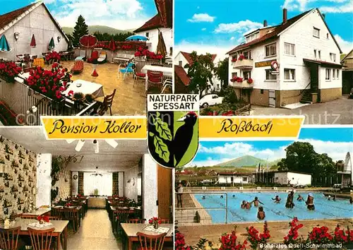 AK / Ansichtskarte Rossbach_Gelnhausen Pension Koller Terrasse Gaststube Schwimmbad Rossbach Gelnhausen