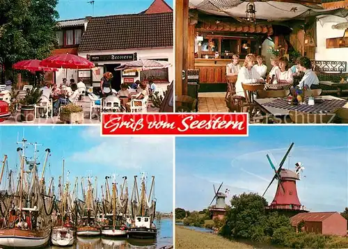 AK / Ansichtskarte Greetsiel Restaurant Cafe Seestern Hafen Fischkutter Windmuehle Greetsiel