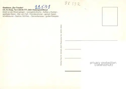AK / Ansichtskarte Hatzenport Gasthaus Zur Traube Terrasse Blick ueber die Mosel zur Kirche Hatzenport