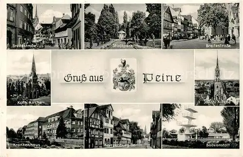 AK / Ansichtskarte Peine Breitestrasse Stadtpark Krankenhaus Kirche Badeanstalt Peine