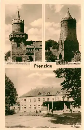 AK / Ansichtskarte Prenzlau Mittelturm Blindower Tor Bahnhof Prenzlau
