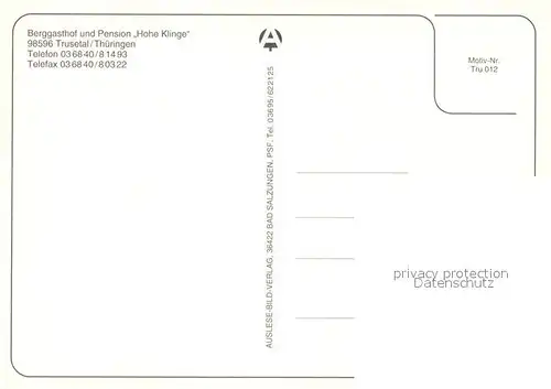 AK / Ansichtskarte Trusetal Berggasthof Hohe Klinge Gastraeume Panorama Trusetal