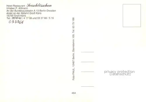 AK / Ansichtskarte Gross_Koeris Hotel Restaurant Seeschloesschen Seebruecke Park Gaststube Gross Koeris