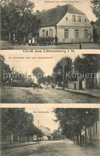 AK / Ansichtskarte Loewenberg_Oberhavel Gasthaus Albert Schneider Dorfstrasse Hauptbahnhof 