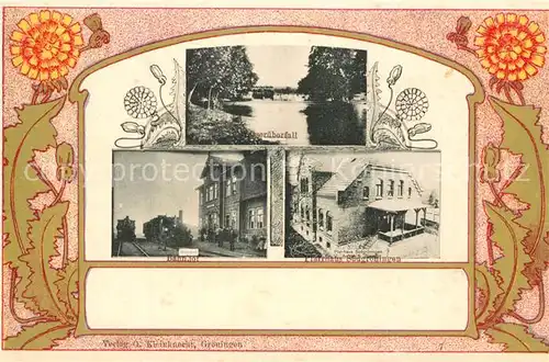 AK / Ansichtskarte Groeningen_Oschersleben Pfarrhaus Bahnhof Kuenstlerrahmenkarte Groeningen_Oschersleben