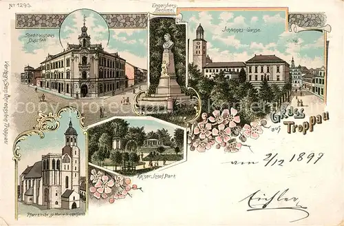 AK / Ansichtskarte Troppau_Sudetengau Speditionshaus Pfarrkirche Kaiser Josef Park Engelsberg Denkmal Troppau Sudetengau