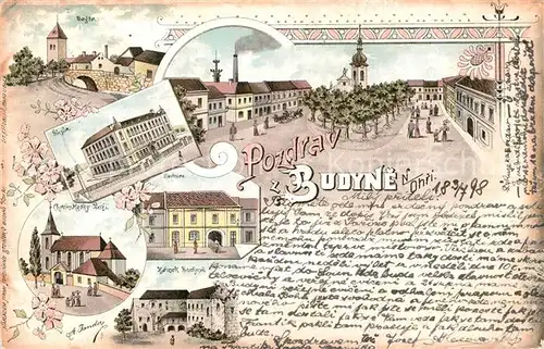 AK / Ansichtskarte Budyne_nad_Ohri Schule Kirche Stadtpanorama 
