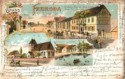 AK / Ansichtskarte Freiroda_Schkeuditz Gasthof Kirche Teich Litho 