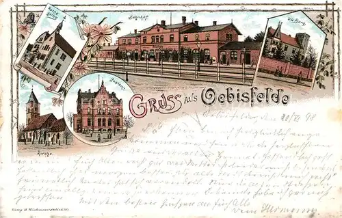 AK / Ansichtskarte Oebisfelde Bahnhof Burg Postamt Kirche Rathauskeller Litho Oebisfelde