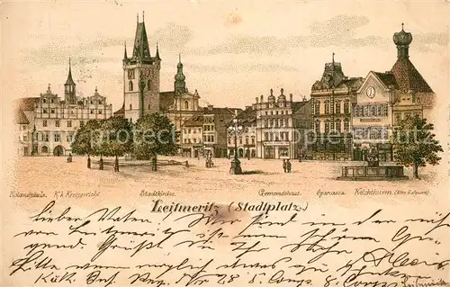 AK / Ansichtskarte Leitmeritz_Litomerice_Nordboehmen Stadtplatz Rolandsaeule Kreisgericht Stadtkirche Gemeindehaus Leitmeritz_Litomerice