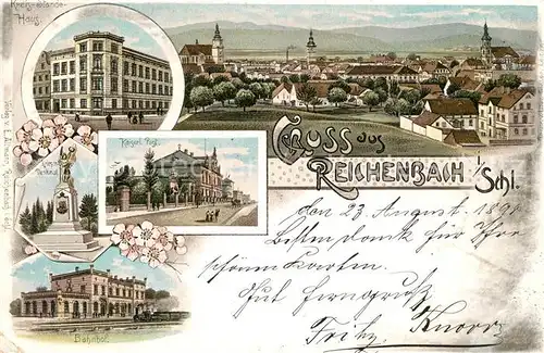 AK / Ansichtskarte Reichenbach_Schlesien Panorama Kreisstandehaus Kriegerdenkmal Kaiserliche Post Reichenbach_Schlesien