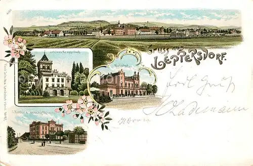 AK / Ansichtskarte Leppersdorf_Daleszow_Schlesien Schloss Geschaeftshaus Panoarma Bahnhof 