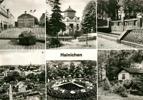 AK / Ansichtskarte Hainichen_Sachsen Platz der DSF Camera obscura Friedrich Gottlob Keller Denkmal Stadtblick Blumenuhr Stadtpark Hainichen Sachsen