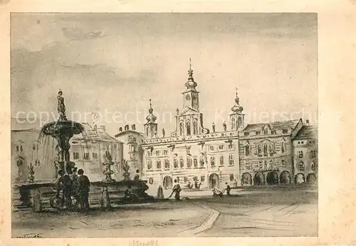 AK / Ansichtskarte Budweis_Suedboehmen Marktplatz Zeichnung Budweis Suedboehmen