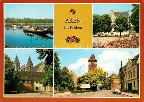 AK / Ansichtskarte Aken_Elbe Elbfaehre Friedensplatz Karl Mar Platz mit Koethener Turm Aken_Elbe