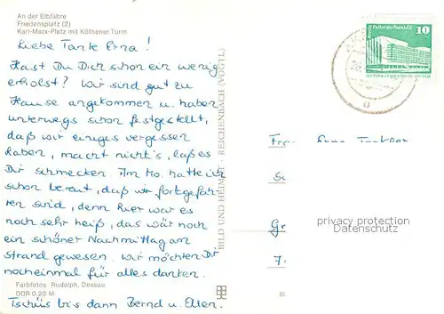 AK / Ansichtskarte Aken_Elbe Elbfaehre Friedensplatz Karl Mar Platz mit Koethener Turm Aken_Elbe