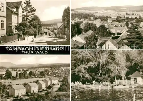 AK / Ansichtskarte Tambach Dietharz Leninstrasse Kirchturmblick Grosser Buchenberg Schwimmbad Tambach Dietharz