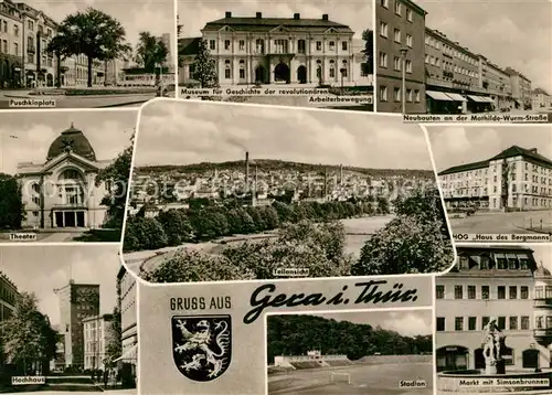 AK / Ansichtskarte Gera Puschkinplatz Museum Neubauten Theater Teilansicht HOG Haus des Bergmanns Hochhaus Stadion Markt Simsonbrunnen Gera