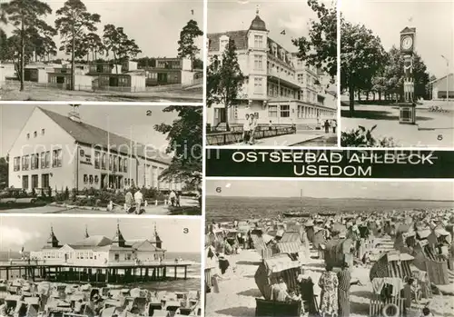 AK / Ansichtskarte Ahlbeck_Ostseebad FDGB Urlauberdorf und Erholungsheim Bernhard Goering  Seebruecke Konzerplatz Strand Ahlbeck_Ostseebad