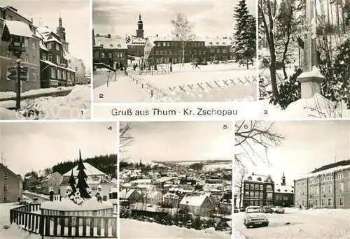 AK / Ansichtskarte Thum_Erzgebirge Markt Ratskeller PdF Postmeilensaeule Erzgebirgische Spieldose Panorama Karl Marx Platz Thum Erzgebirge