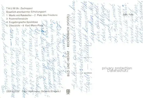 AK / Ansichtskarte Thum_Erzgebirge Markt Ratskeller PdF Postmeilensaeule Erzgebirgische Spieldose Panorama Karl Marx Platz Thum Erzgebirge