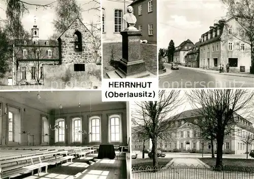 AK / Ansichtskarte Herrnhut Kirchensaal Glockenstuhl Zinzendorfdenkmal Comenisusstrasse Foerderungszentrum Herrnhut