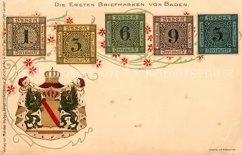 AK / Ansichtskarte Briefmarke_auf_Ak Baden Wappen Briefmarke_auf_Ak