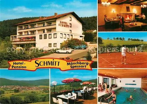 AK / Ansichtskarte Moenchberg_Spessart Hotel Pension Schmitt Gaststube Terrasse Hallenbad Tennisplatz Panorama Moenchberg Spessart