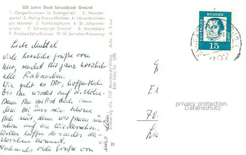 AK / Ansichtskarte Schwaebisch_Gmuend Geigerbrunnen Muensterportel Heilig Kreuz Muenster Loewenbrunnen Fuenfknopfturm St Johanneskirche Marktplatz Salvator Kreuzweg Schwaebisch Gmuend