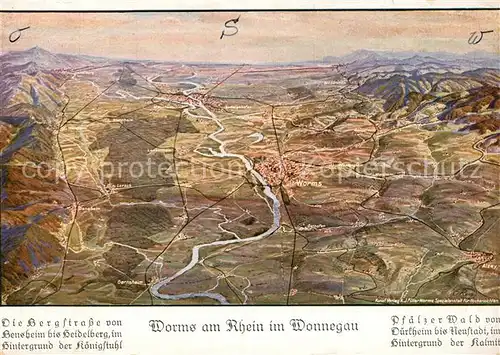 Worms_Rhein Panoramakarte Bergstrasse von Bensheim bis Heidelberg mit Koenigstuhl Worms Rhein
