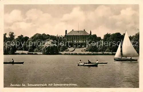 AK / Ansichtskarte Zwickau_Sachsen Schwanenteich mit Schwanenschloss Ruderboot Segelboot Zwickau Sachsen