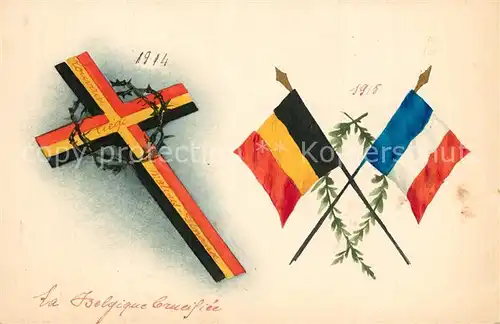 AK / Ansichtskarte Handgemalt Fahnen Belgien Frankreich Kreuz 