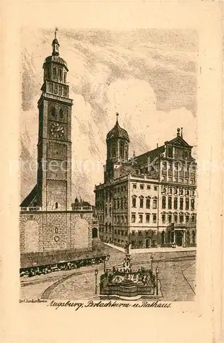 AK / Ansichtskarte Augsburg Perlachturm und Rathaus Kuenstlerkarte Handpressen Kupferdruck Augsburg