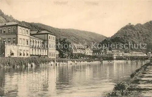 AK / Ansichtskarte Bad_Ems Kurhaus mit Bruecke Uferpartie an der Lahn Bad_Ems