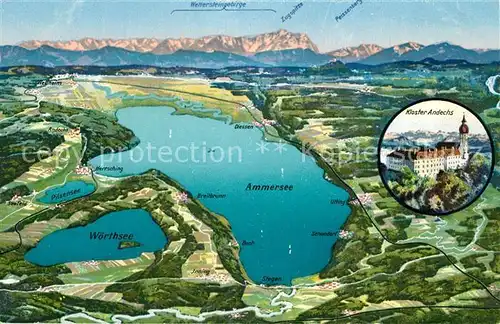 AK / Ansichtskarte Ammersee und Umgebung mit Kloster Andechs Alpen aus der Vogelperspektive Kuenstlerkarte Ammersee