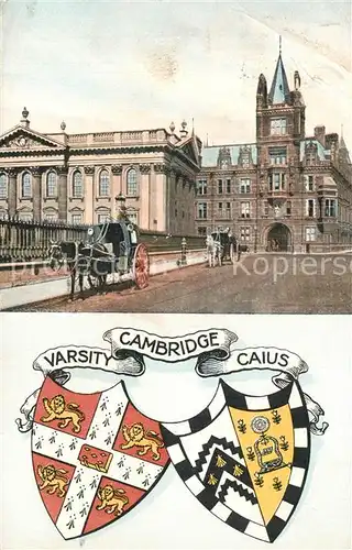 AK / Ansichtskarte Cambridge_Cambridgeshire Gebaeude Pferdedroschke Wappen Varsity Caius Cambridge Cambridgeshire