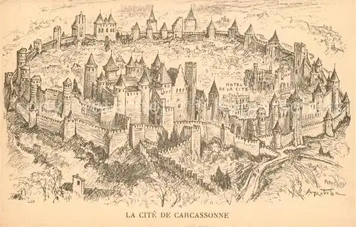 AK / Ansichtskarte Carcassonne La Cite Dessin Kuenstlerkarte Carcassonne