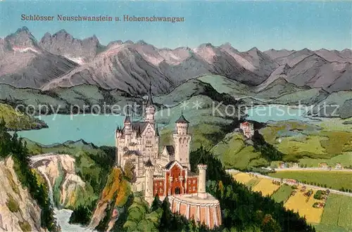 AK / Ansichtskarte Schwangau Schloesser Neuschwanstein und Hohenschwangau Seen Alpenpanorama Kuenstlerkarte Schwangau