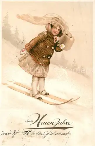 AK / Ansichtskarte Skifahren Kind Muff Neujahr Litho  